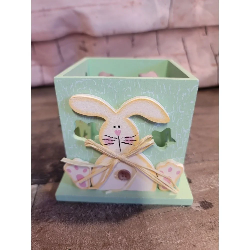 Wooden Green rabbit easter bunny‎ tea light box Decor spring